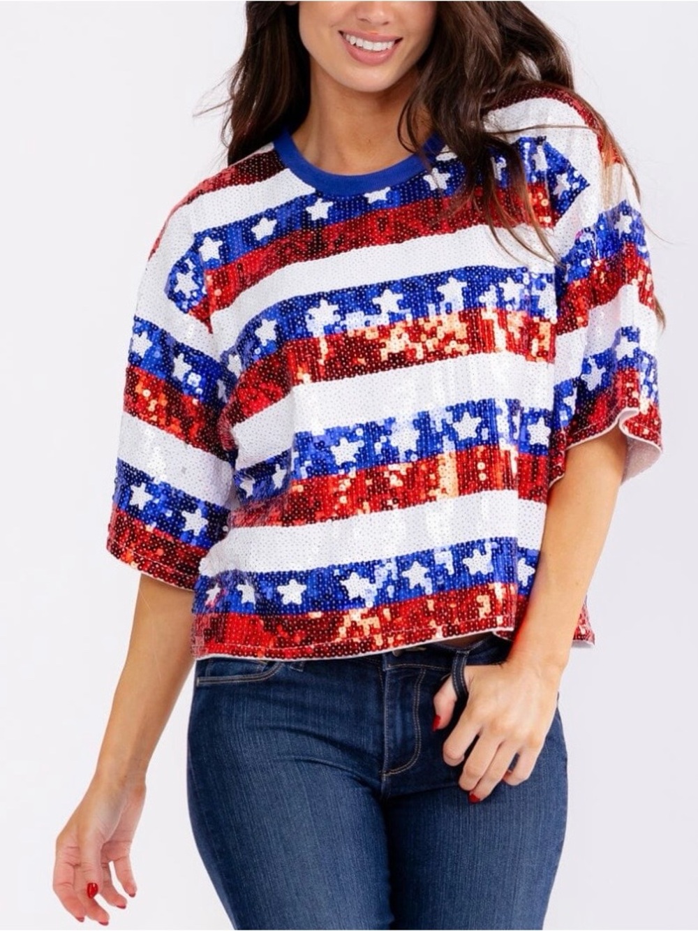 Sequin Star Striped Short Sleeve Top - Red, White & Blue